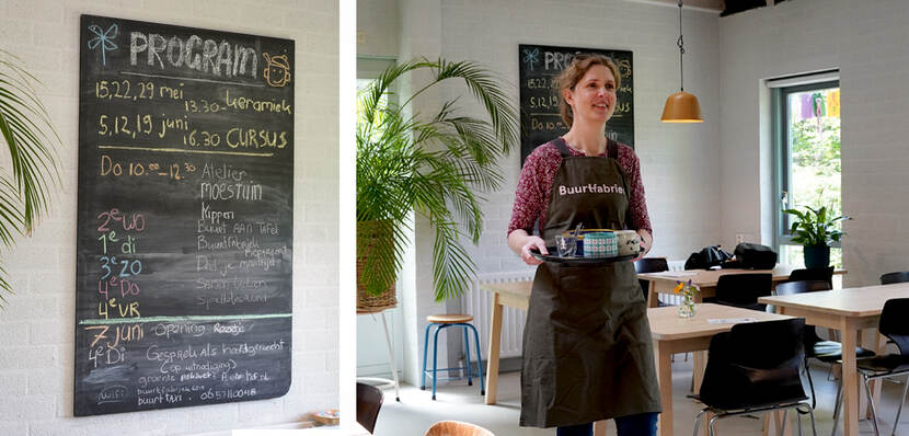 Twee foto's, links een bord met alle activiteiten in Rozet Buurtfabriek en rechts een witte medewerker die in het cafe werkt met een schort voor en een dienblad met drinken vast houdt