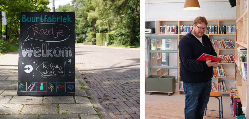 Twee foto's, links een bord met welkom in Rozet Buurtfabriek buiten op straat en rechts een witte man die in een boek bladert bij een boekenkast